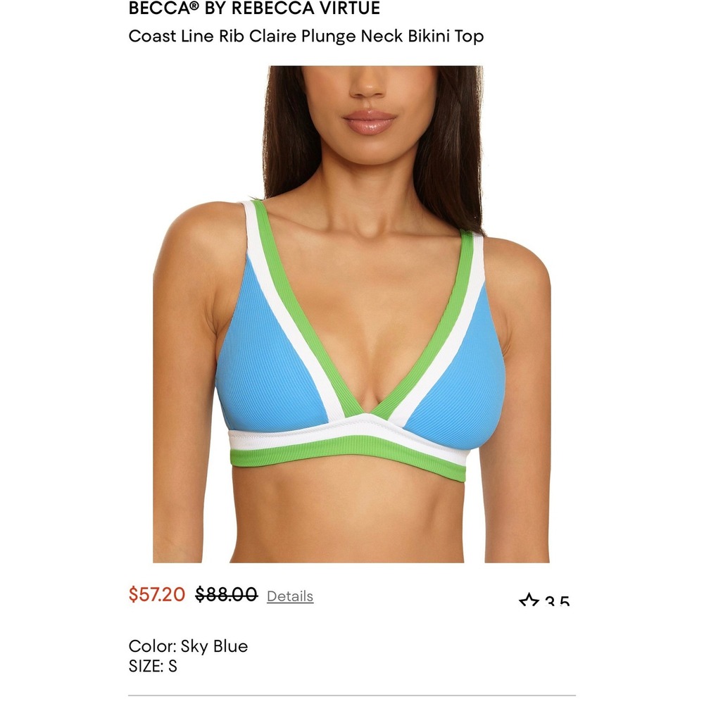 Becca Rebecca Virtue Coast Line Rib Claire Plunge Bikini Top Sky Blue Small NEW